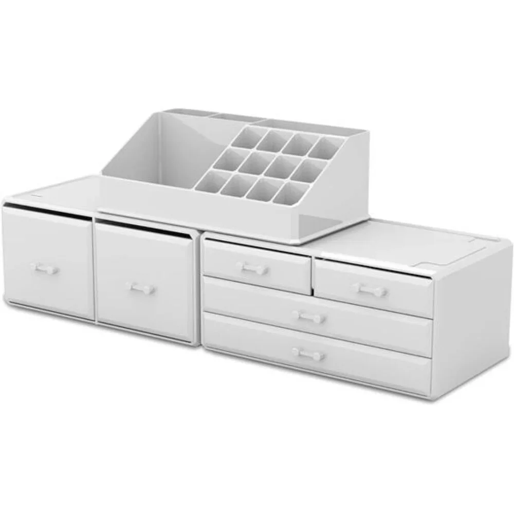 Makeup Organizer 3 Pieces Cosmetic Storage Case with 6 Drawers (White)